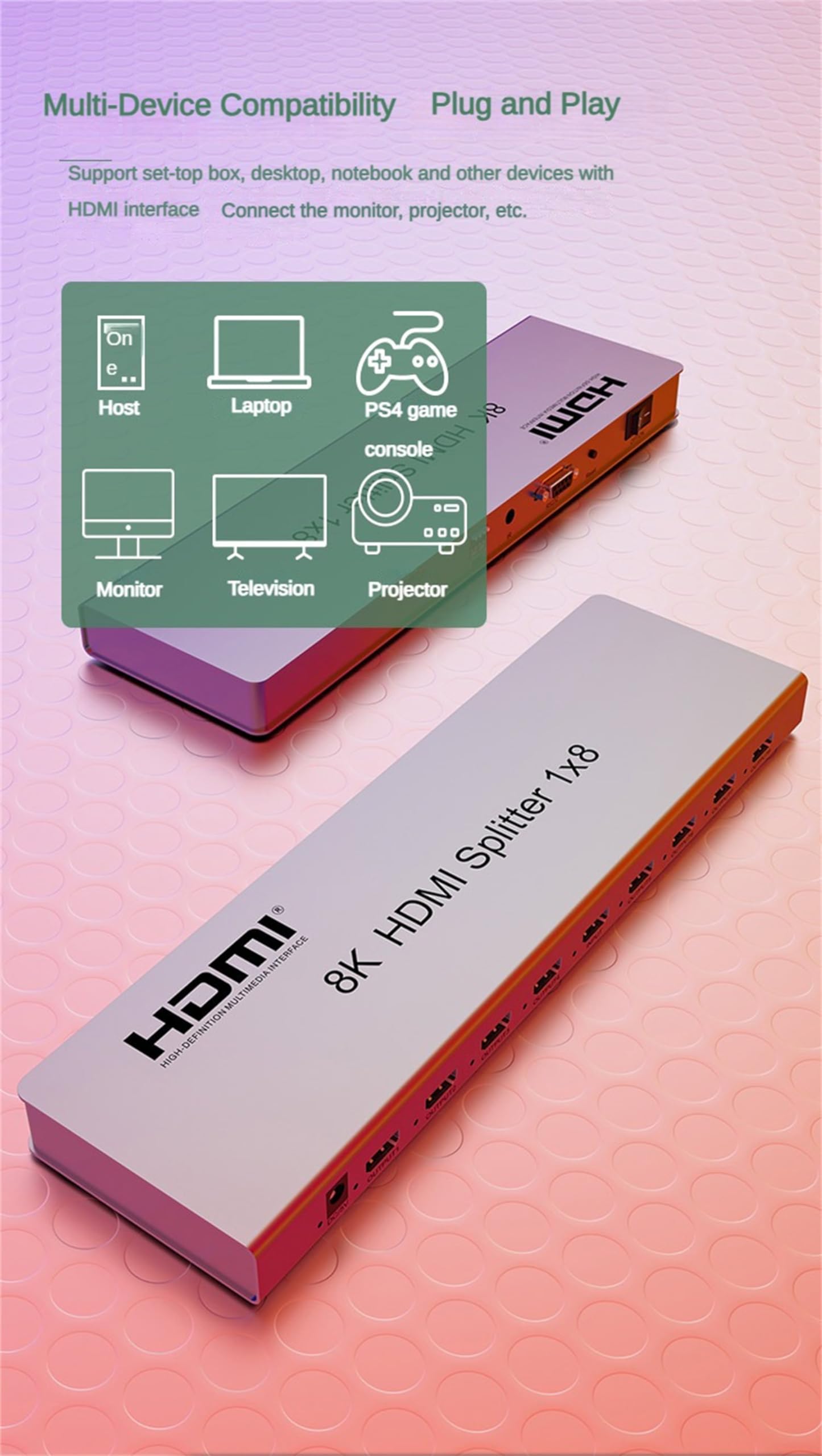 8K 60HZ HDMI Splitter 1X8, 1 in 8 Out HDMI Video Splitter Audio Video Converter con EDID Dimensioni ridotte per DVD PS4 fotocamera PC HDTV (1X8)