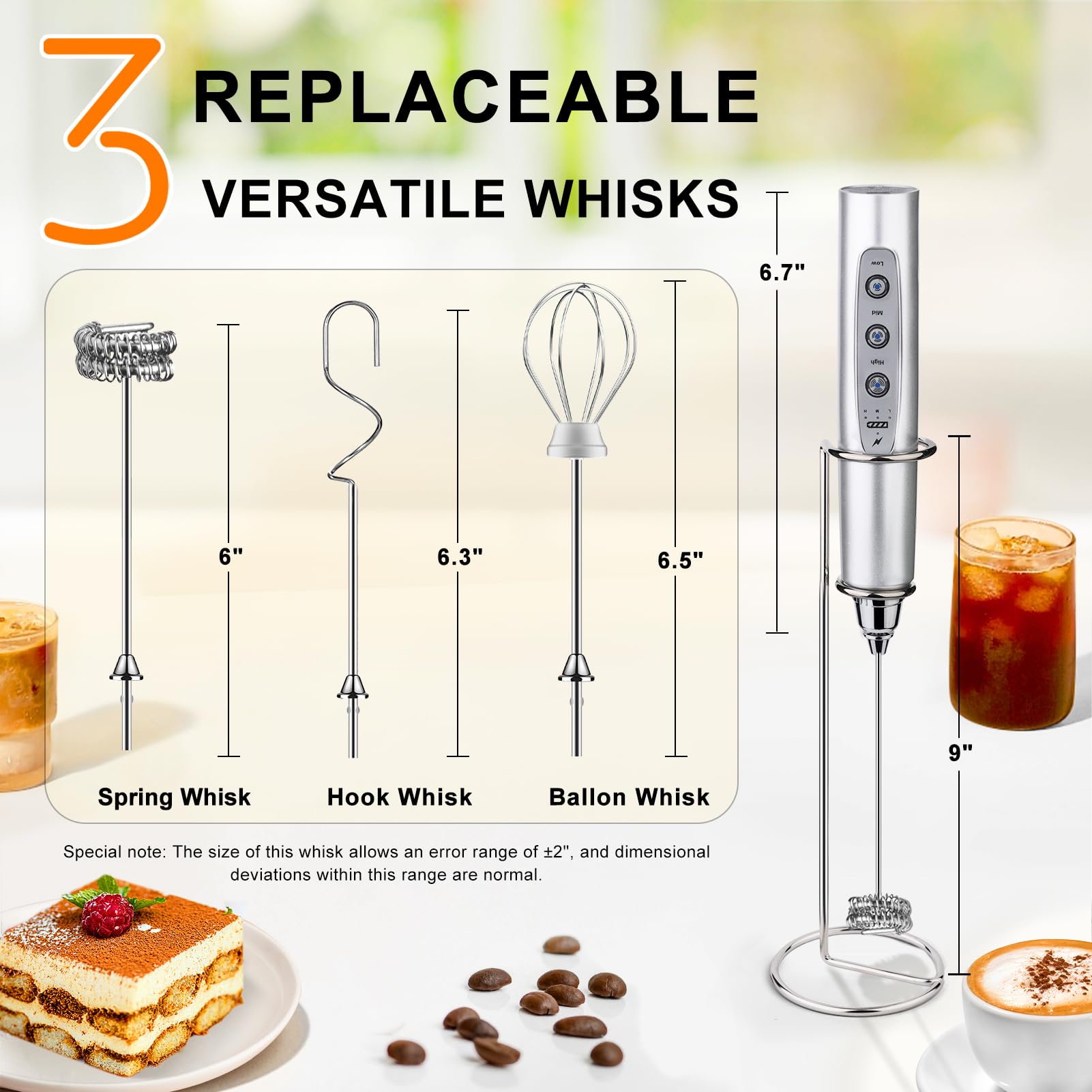 YUSWKO Espumador de leche recargable plateado para café con soporte, mezclador de bebidas de mano con 3 cabezales, agitadores eléctricos de 3 velocidades para latte, capuchino, chocolate caliente,