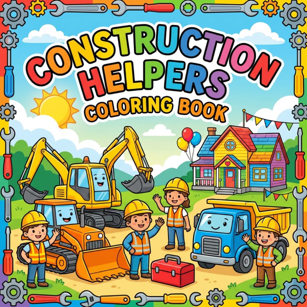 Construction Helpers Coloring Book for Kids Ages 3 to 8: Bold and Easy Fun Pages with Builders Tools Trucks Bulldozers Cranes Houses and Teamwork Scenes