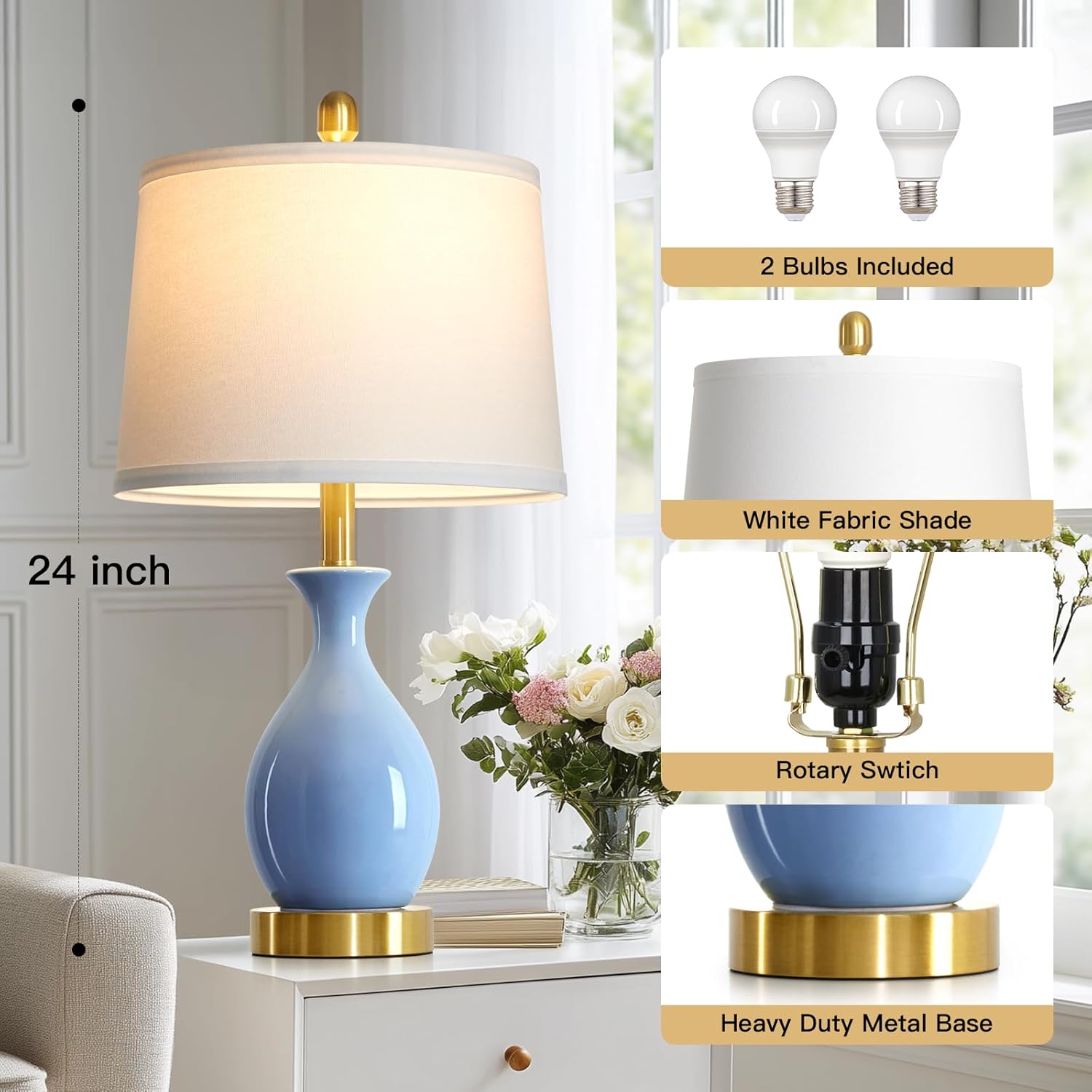 24″ Light Blue Ceramic Table Lamps Set of 2, Modern Classic Bedside Lamps for Bedroom Nightstand, Small Table Lamp for Living Room Side Table (2 LED Bulbs Included)
