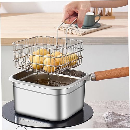 Miniatura 6 de Olla con mango de madera, juego de ollas de acero inoxidable con cesta coladora y tapa transparente, pinzas para alimentos y estante para freír