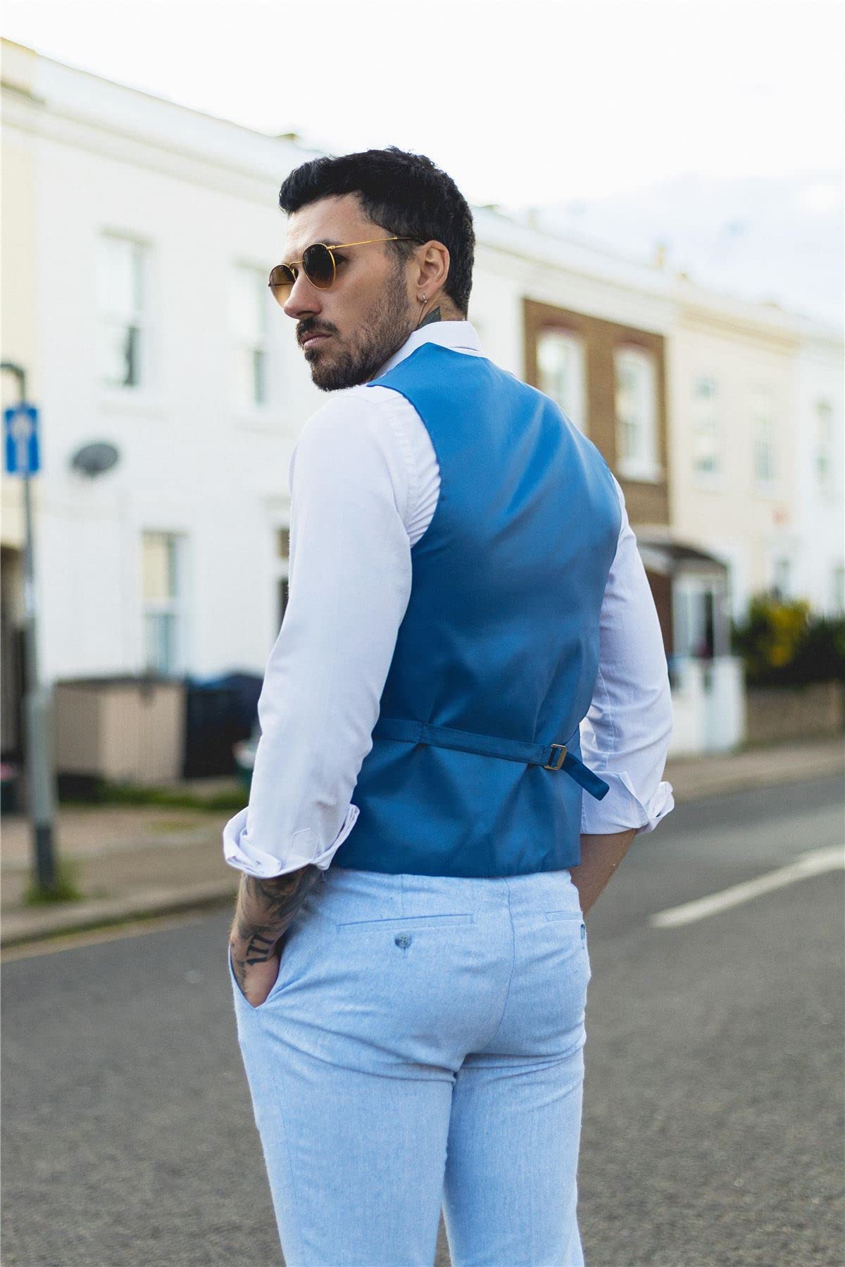 Abito estivo da uomo, in lino, elegante, formale, blu, matrimonio