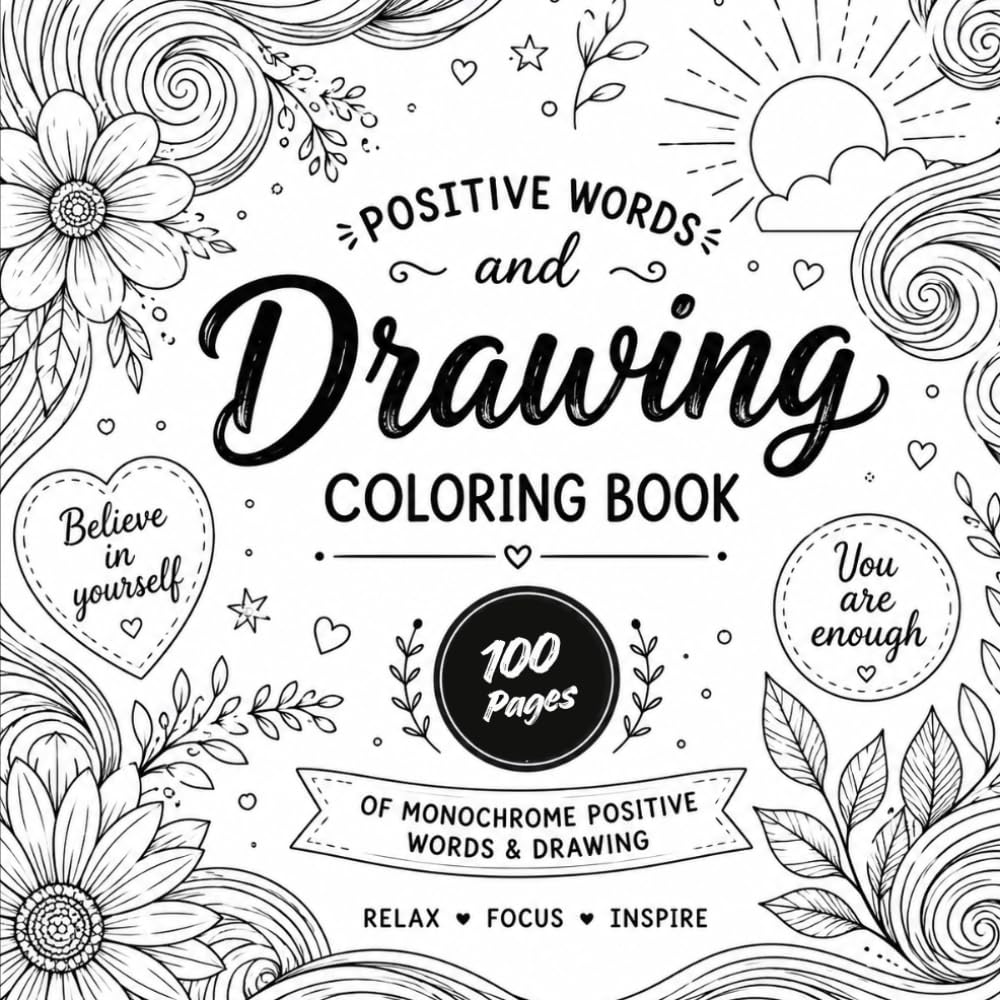 Monochrome Positive Word One Pen Coloring Book: Positive Words and Complimentary Ornamental Patterns for Stress Relief and Relaxation for Adults.