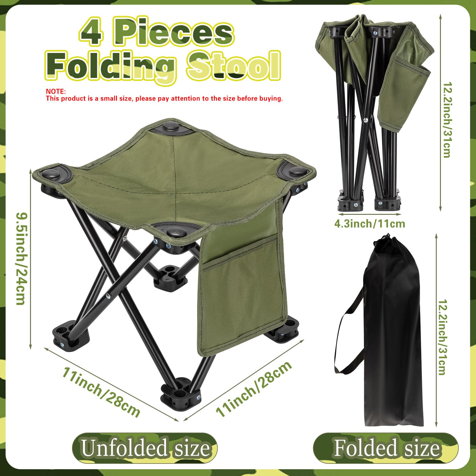 Weysat 4 Pack Camping Stool Portable Folding Stool Summer Camping Stool with Carry Bag Lightweight Foot Portable Seat for Adults Outdoor Hunting Hiking Beach Fishing Travelling (Army Green)