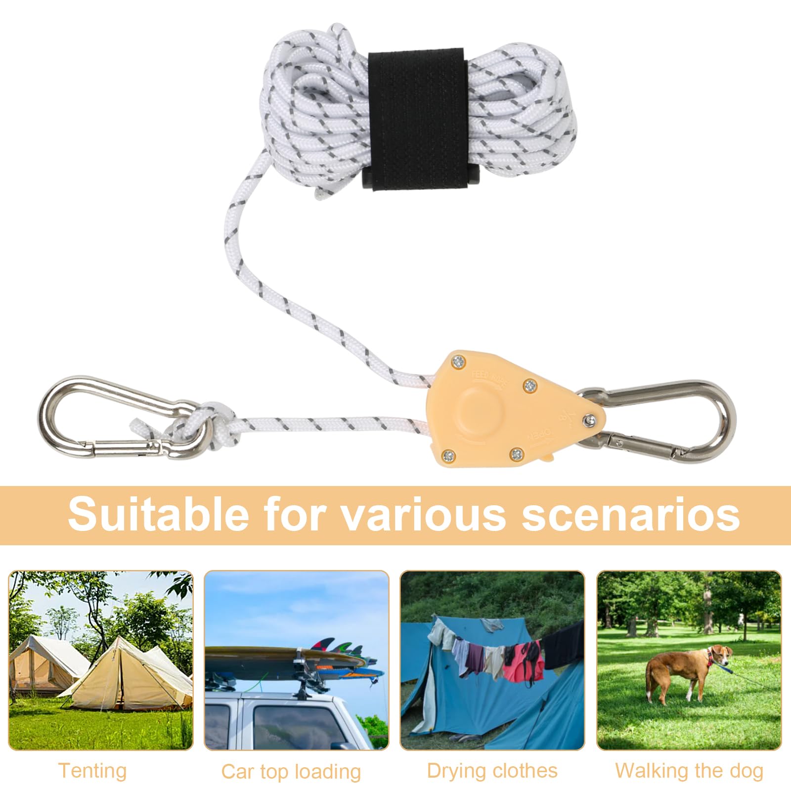 Jackfru Reflective Sheerlijnen, 4 m x 4 mm, Lichte Scheerlijn, Tentkoord with Tensioner, Instelbaar, Voor Tent, Tentzeil, Camping (White-4pcs) Sporting Goods