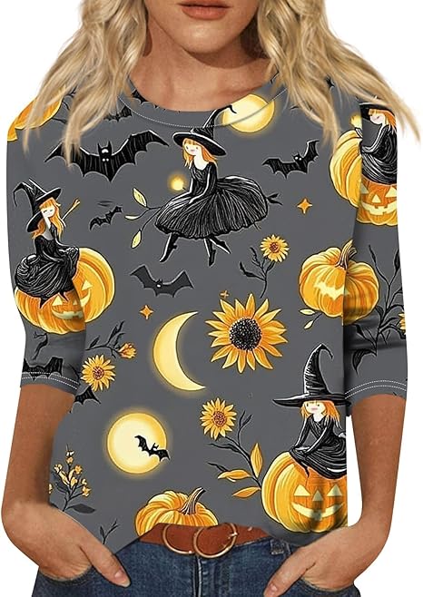 Halloween Shirts for Women 3/4 Sleeve Plus Size Crewneck Loose Fit Cute T Shirt Halloween Costumes for Women 2025
