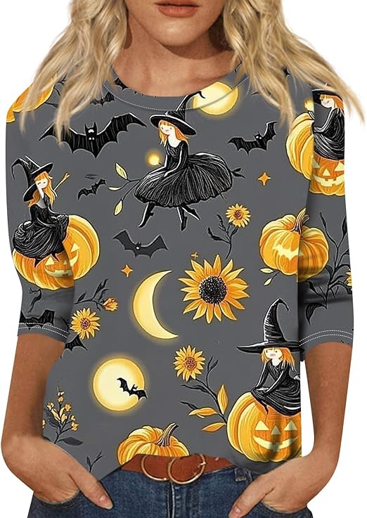 Halloween Shirts for Women 3/4 Sleeve Plus Size Crewneck Loose Fit Cute T Shirt Halloween Costumes for Women 2025