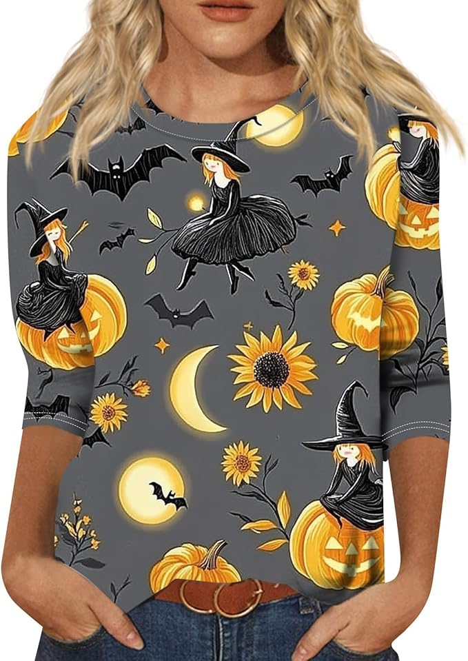 Halloween Shirts for Women 3/4 Sleeve Plus Size Crewneck Loose Fit Cute T Shirt Halloween Costumes for Women 2025