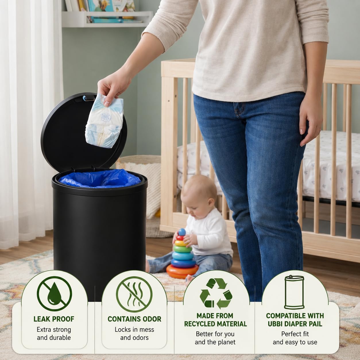 Bolsas de plástico desechables compatibles con cubos Ubbi de 13 galones de capacidad, bolsas de basura grandes y resistentes, 100 unidades (azul - grande)