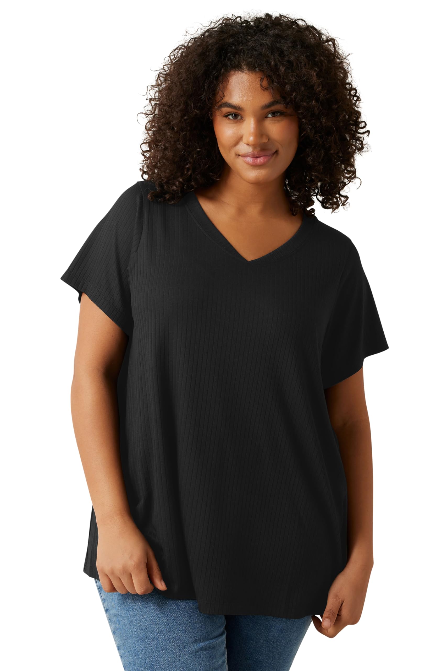 Evans Women's Black Curve Premium Ribbed Modal Blend T-Shirt - Plus Size Curve
