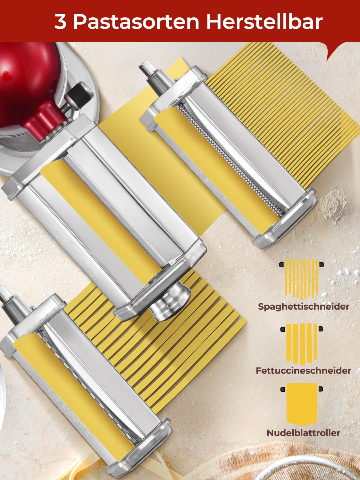 FOHERE Nudelaufsatz Set für KitchenAid Küchenmaschine, Dreiteiliges Pasta Maker Zubehör Mit Nudelblattroller, Fettuccineschneider, Spaghettischneider und Reinigungsbürste (7 Einstellbare Dicken)