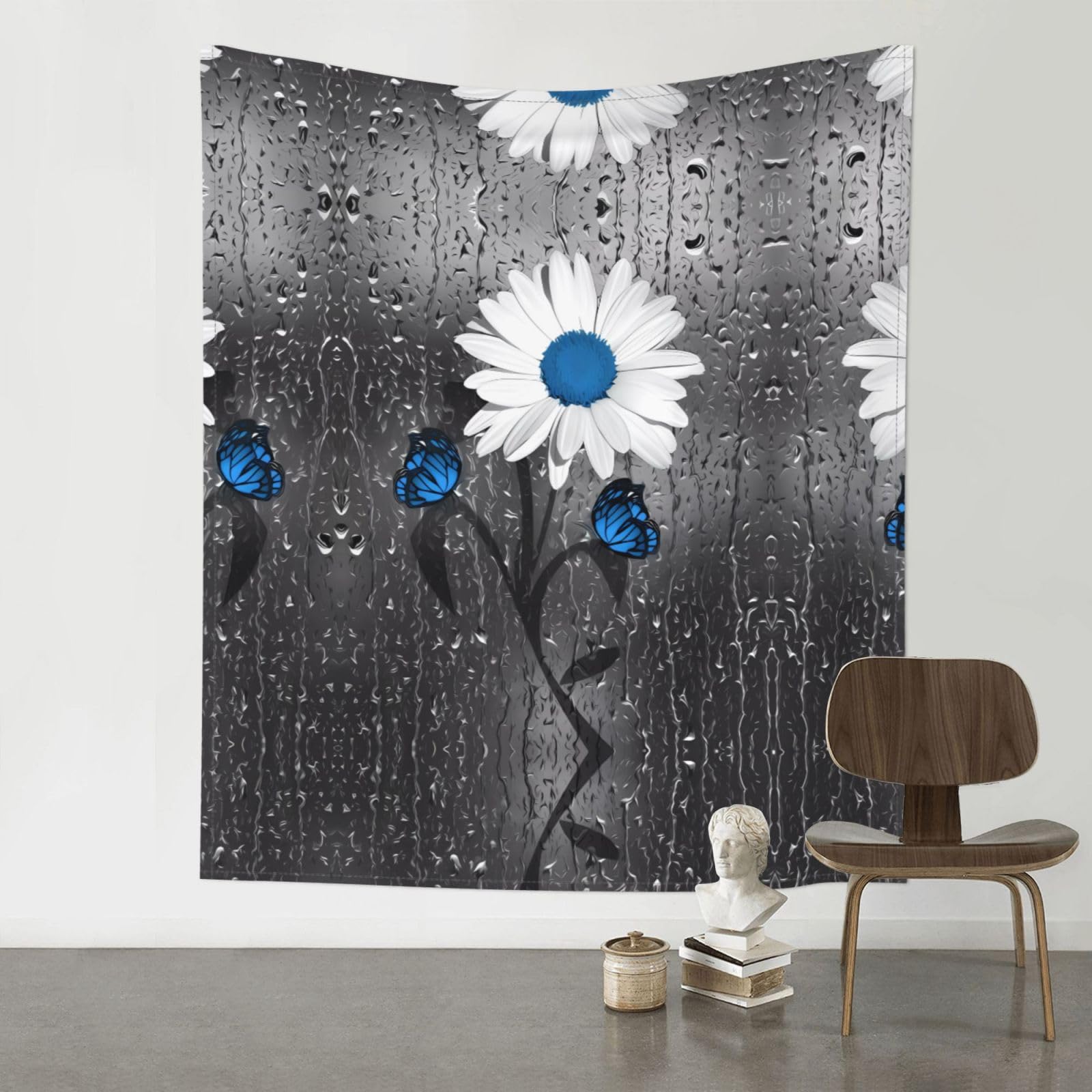 WHJSSF White Blue Daisy Prints Wall Tapestry 60x51in - Boho Decor Throw for Bedroom, Dorm, Picnic & Outdoor Adventures