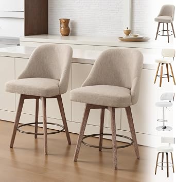 Bekrvio Counter Height Bar Stool, Modern Mid-Century Swivel Barstools with Backs and Wood Legs, Linen Fabric Upholstered Chairs 65CM Seat Height Counter Stools Linen Sand, 2PCS