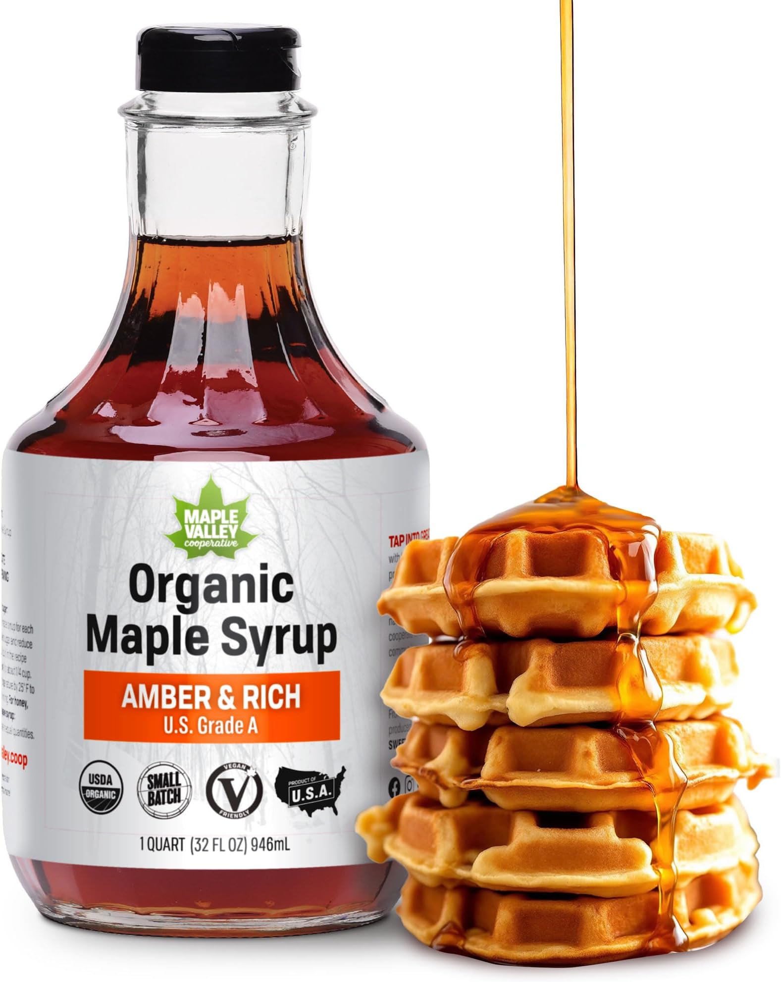 Maple Valley Organic Pure Maple Syrup, Amber and Rich, Better Than Pancake Syrup, Use for Coffee or All-Natural Sugar Substitute in Cooking and Baking (32oz Glass Bottle)