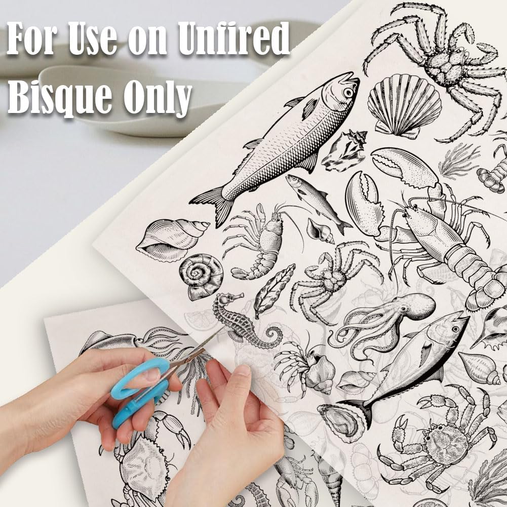 SUPERDANT 4PCS Marine Life Underglaze Paper Transfer Lobster Fish Crab Transfer Papers for Clay Ceramic Porcelain Under Glaze Transfers for Pottery Enamel Decals Black Decal Handcrafted Gifts