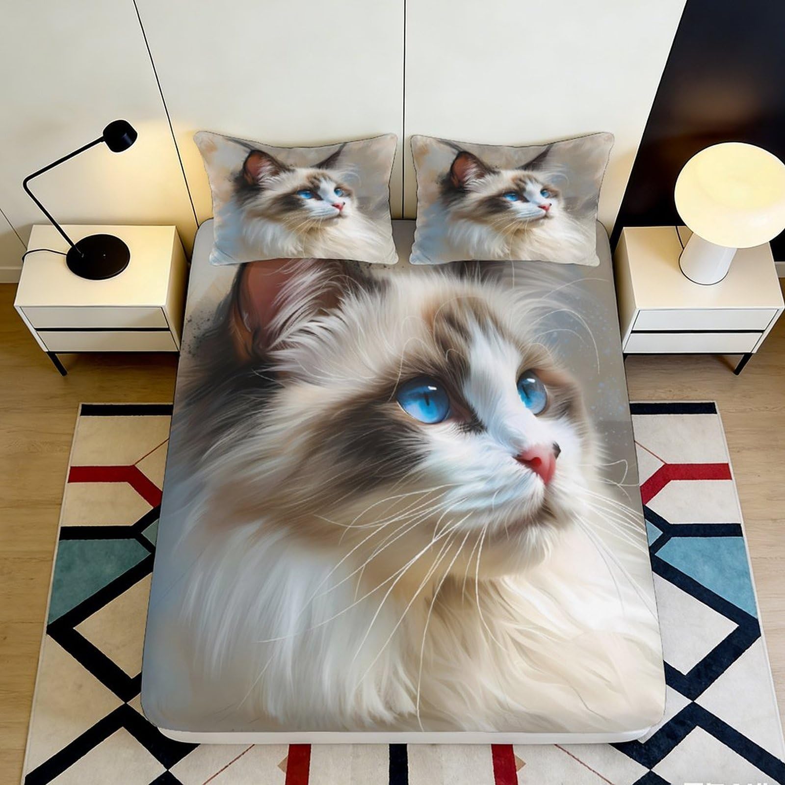 3D Printed Blue Eyed Cat Fitted Sheet Microfiber Soft Non-slip Animal Bed Cover for Bedroom Guest Room Decor 120x200x25cm