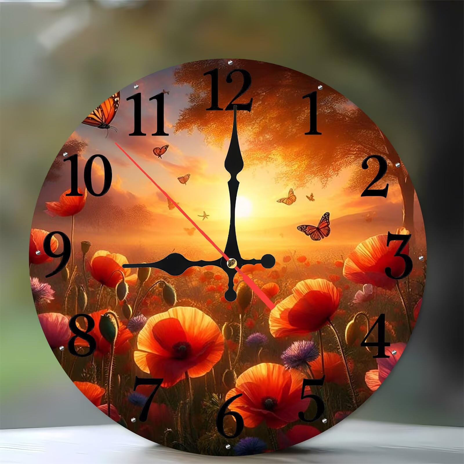 Jinmer 10 Inch Wall Clock,Sunset Poppy Field Modern Silent Non ticking Clocks, Wooden Frameless Round Easy to Read wall clock for Kitchen/Living Room/Bedroom/Bathroom