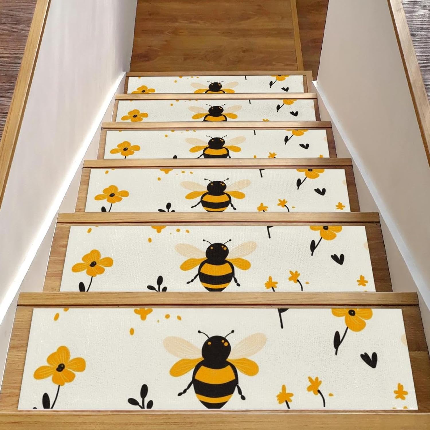 Self Adhesive Residue Free Machine Washable Reusable Stair Treads Non Slip Steps Cute bee Honey Flower (2) Stair Runner Indoor – 15 Pack 30″X8″ Anti Slip Mats