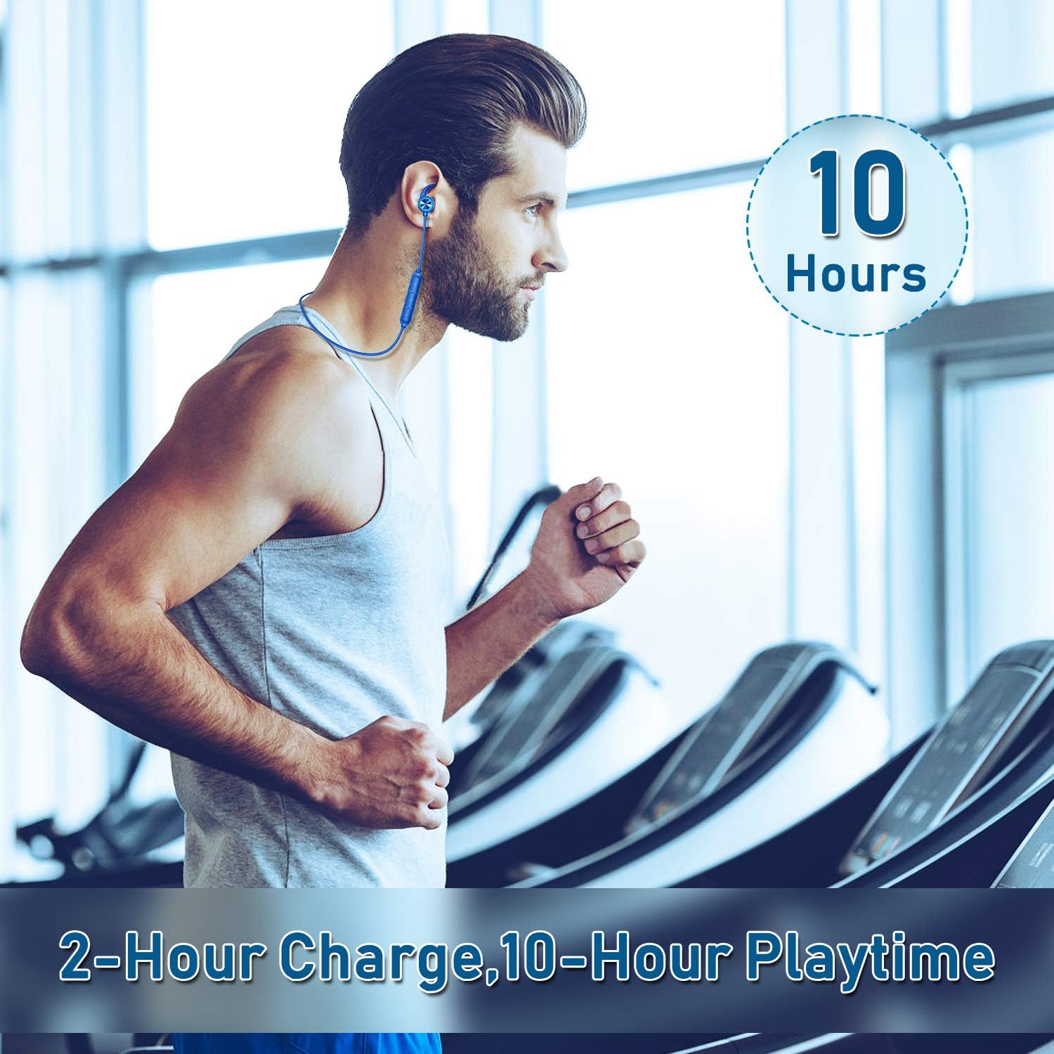 Man running while wearing RCA BT710 headphones, showing 10 hours playtime.