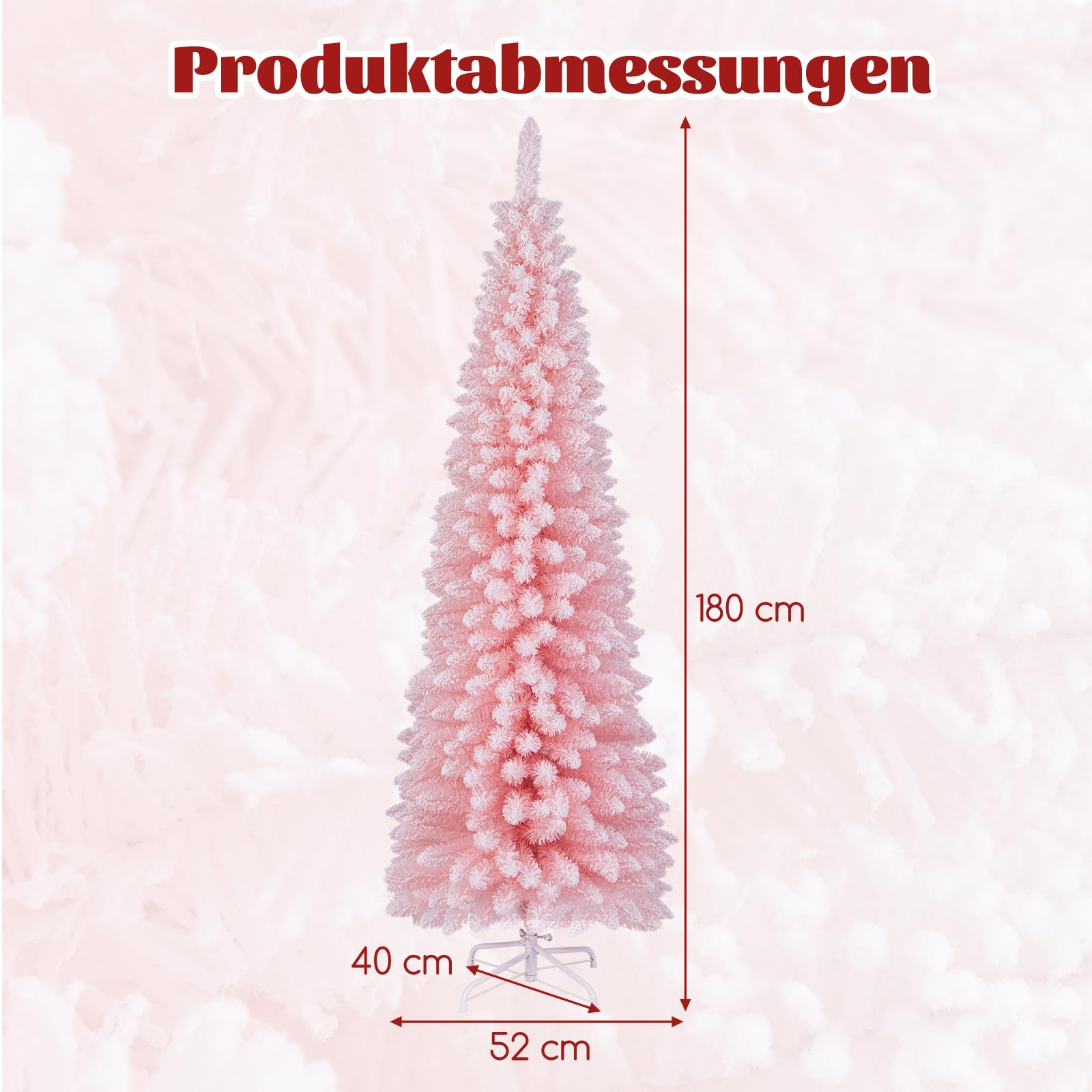 COSTWAY künstlicher Weihnachtsbaum Bleistift, 180 cm Tannenbaum mit Schnee, Christbaum mit 460 Zweigspitzen & klappbarem Metallständer, schlanker Kunstbaum Weihnachten für Zuhause, Büro (Rosa)