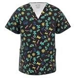Men Stretch Print Scrub Top - Medical Uniform Men Nurse School Print Scrubs V Neck Top PSM105