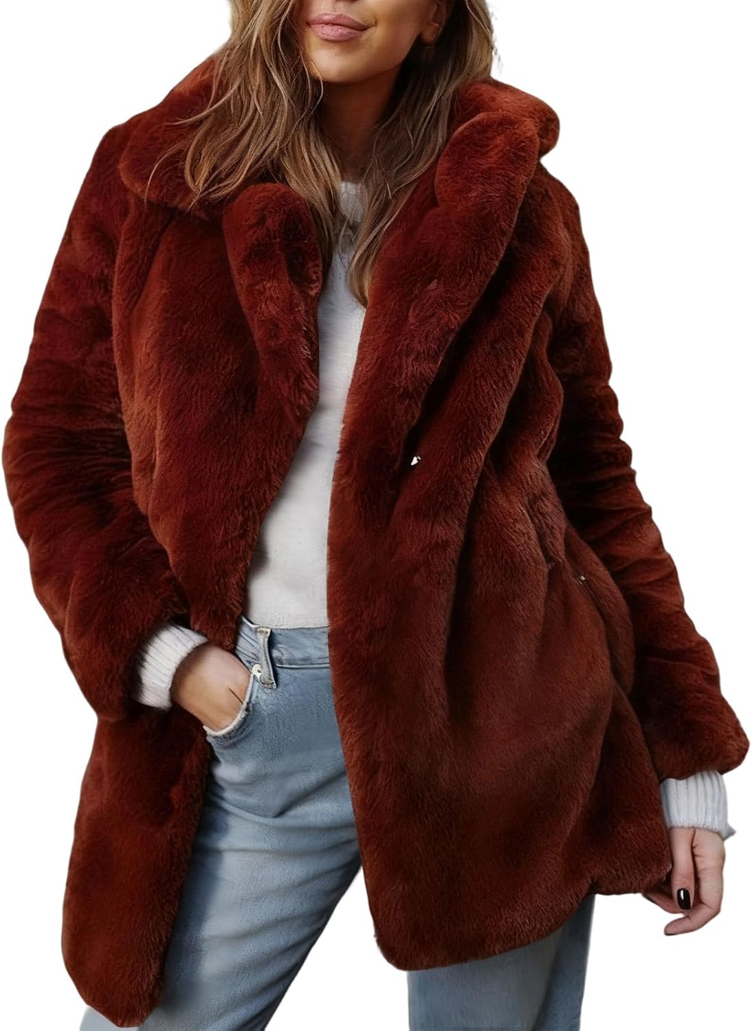 Women's Faux Fur Coat Long Sleeve Fluffy Open Front Furry Winter Warm Jackets Lapel Shaggy Solid Color Outerwear