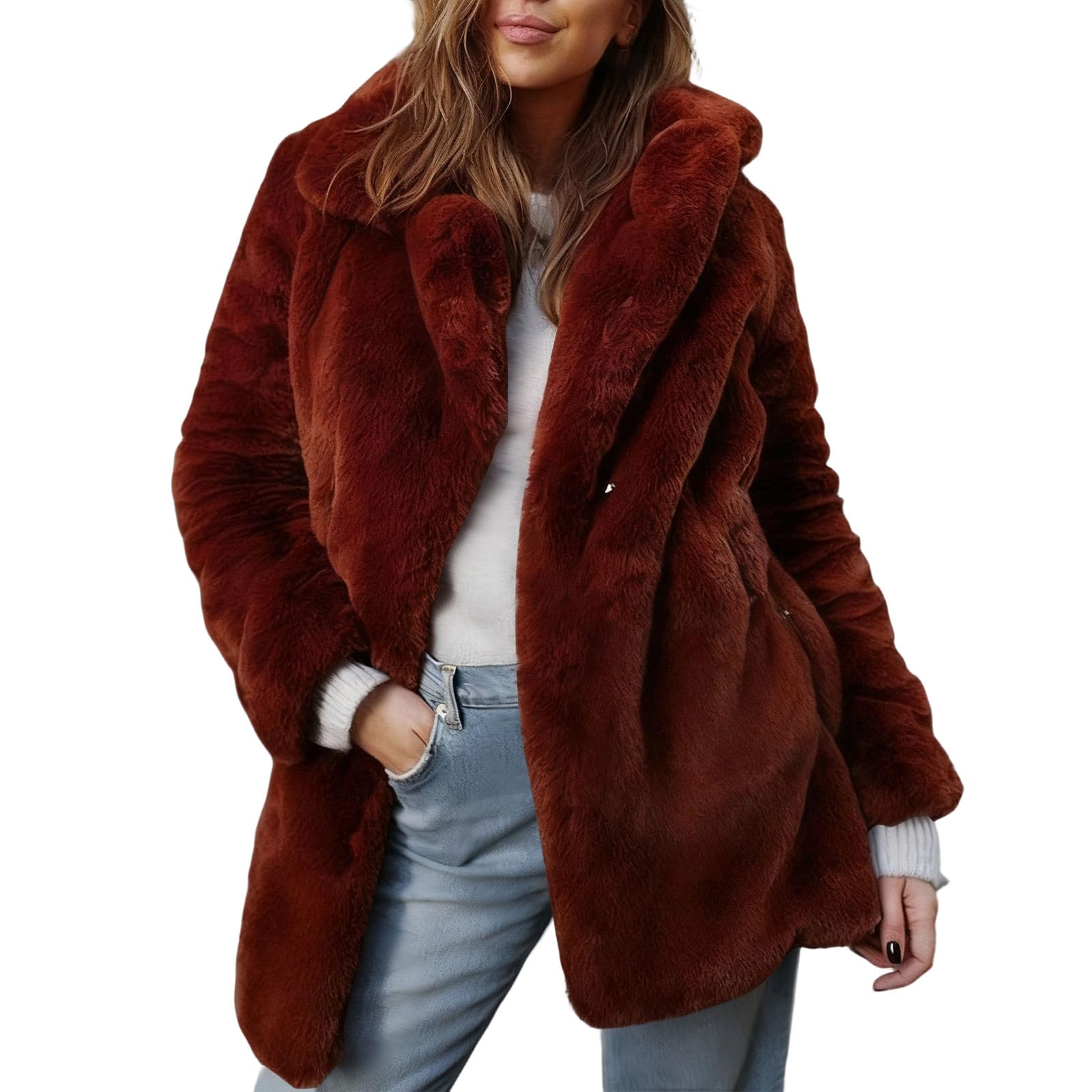 Manteau en fausse fourrure pour femme - Veste polaire pelucheuse d'hiver chaude à revers - Cardigan habillé ouvert sur le devant - Coupe-vent - Manteau d'extérieur en peluche épaisse - Trench