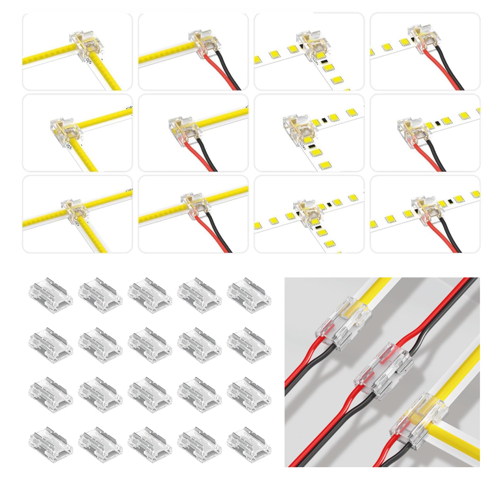 Silkwish 20pcs 2 Pin LED Strip Light Connectors 10mm LED/COB Connector Solderless