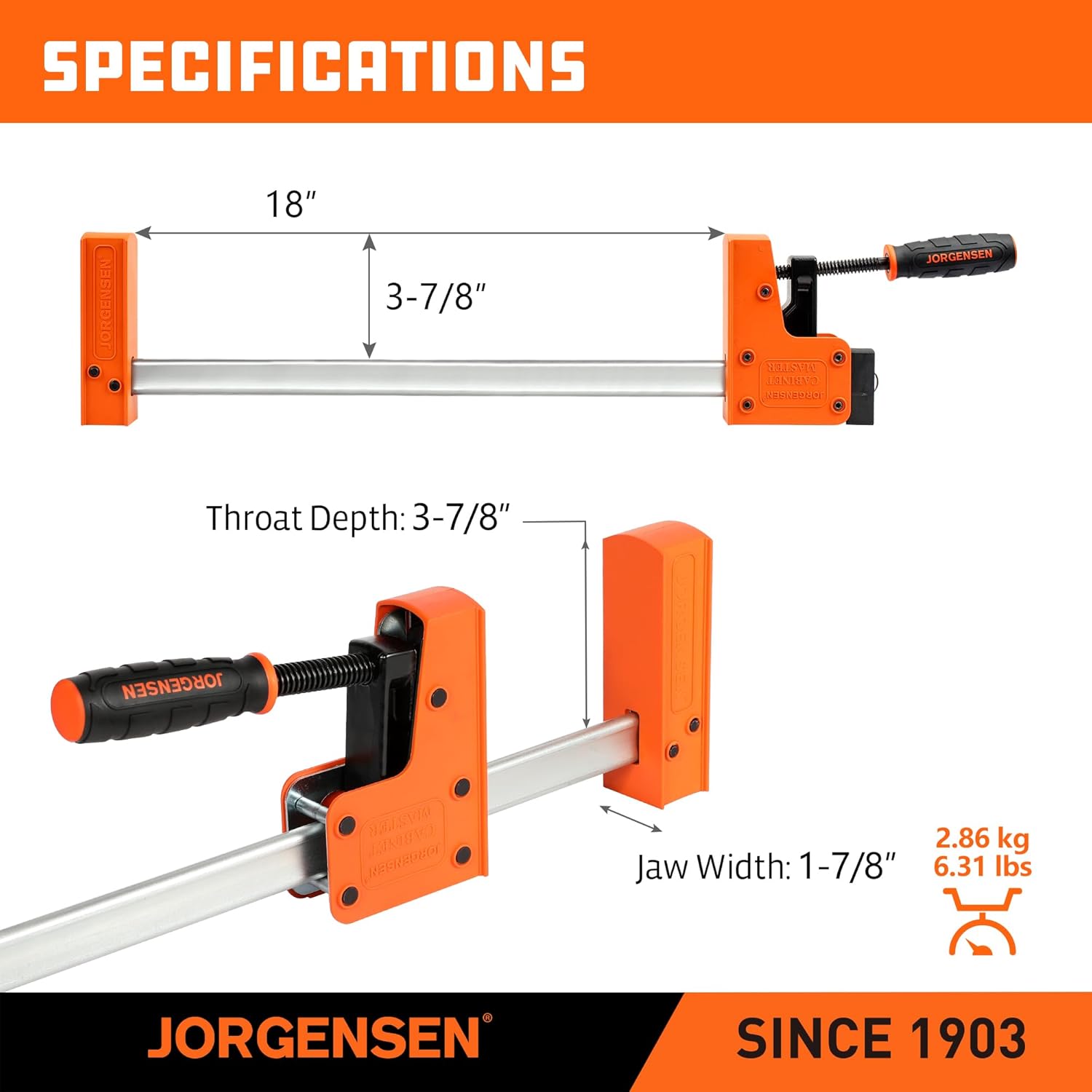 Jorgensen 18” Bar Clamp Set, 2-pack 90° Parallel Clamp Cabinet Master, Steel Jaw Bar Clamp for Woodworking, 1500 lbs load Limited