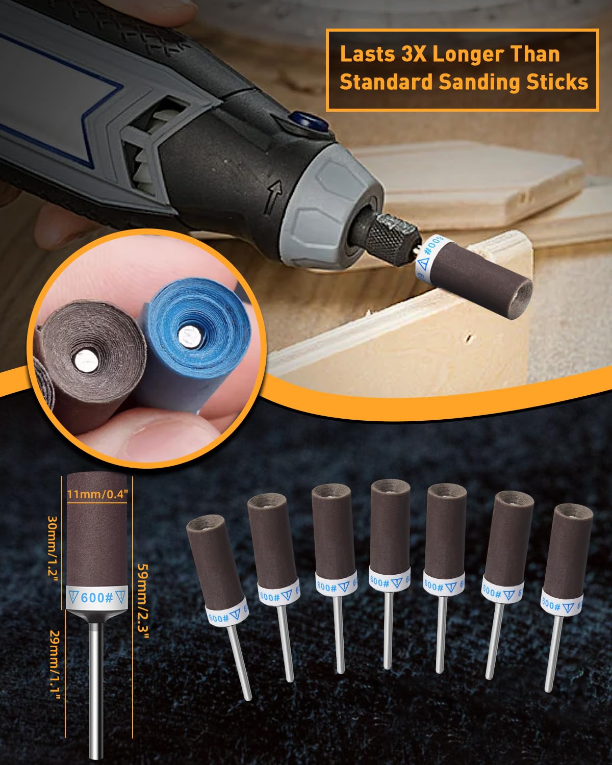 FOTYBEI 10Pcs 600 Grit Sanding Drums Sandpaper Sticks Set for Dremel Rotary Tool Accessories with 1/8" Shank - Image 2