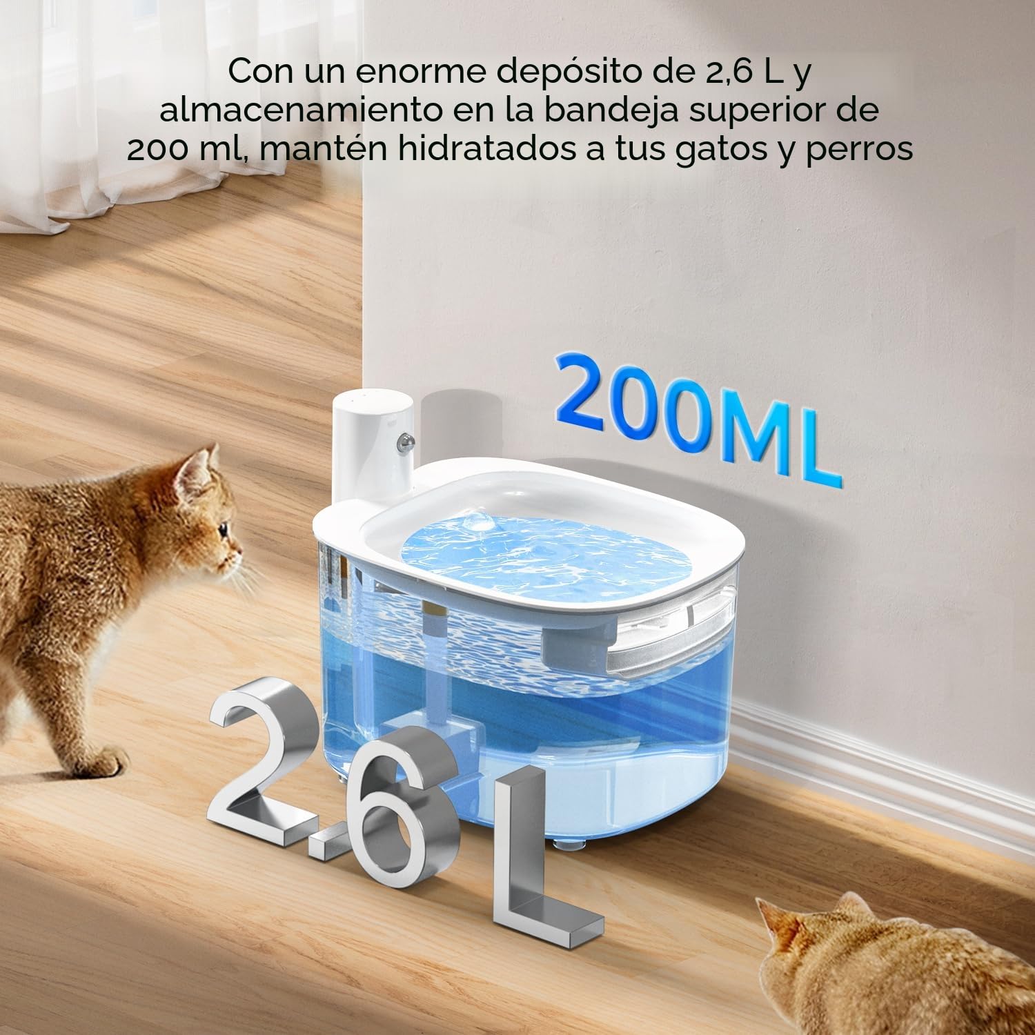 Fuente para Gatos sin Cable a Pila con Sensor de Movimiento, 2.6L Fuente de Agua Fria para Gatos con Bateria 3000mAh Recargable, Bebedero Automático a Prueba de Salpicaduras