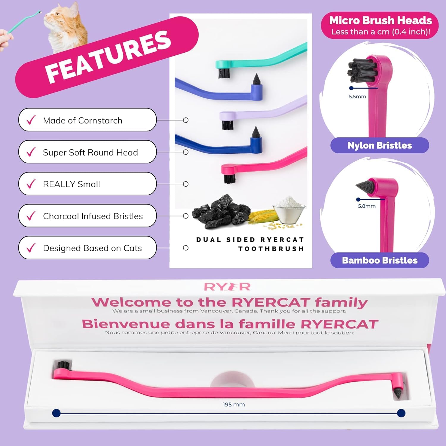 RYERCAT Juego de 5 cepillos de dientes de doble cara para gatos, cepillo de dientes con microcabeza (muy pequeño) para un ajuste personalizado, suministros de cuidado dental para gatos, cepillo de