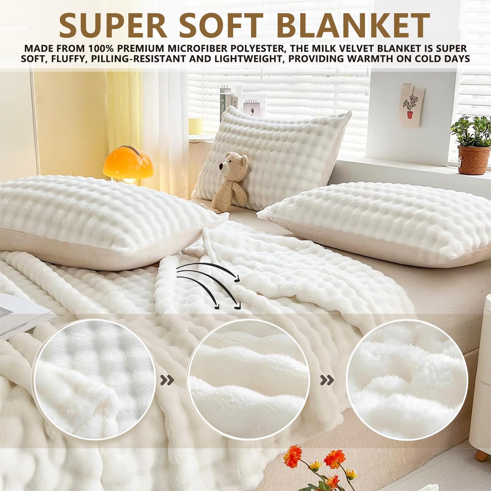 LINGKY Fleece Throw Blanket White Bubble Faux Fur Fluffy Bed Blanket Super Cosy Warm Large Blanket for Bed Sofa Couch Home Decor 100x160cm - Image 2