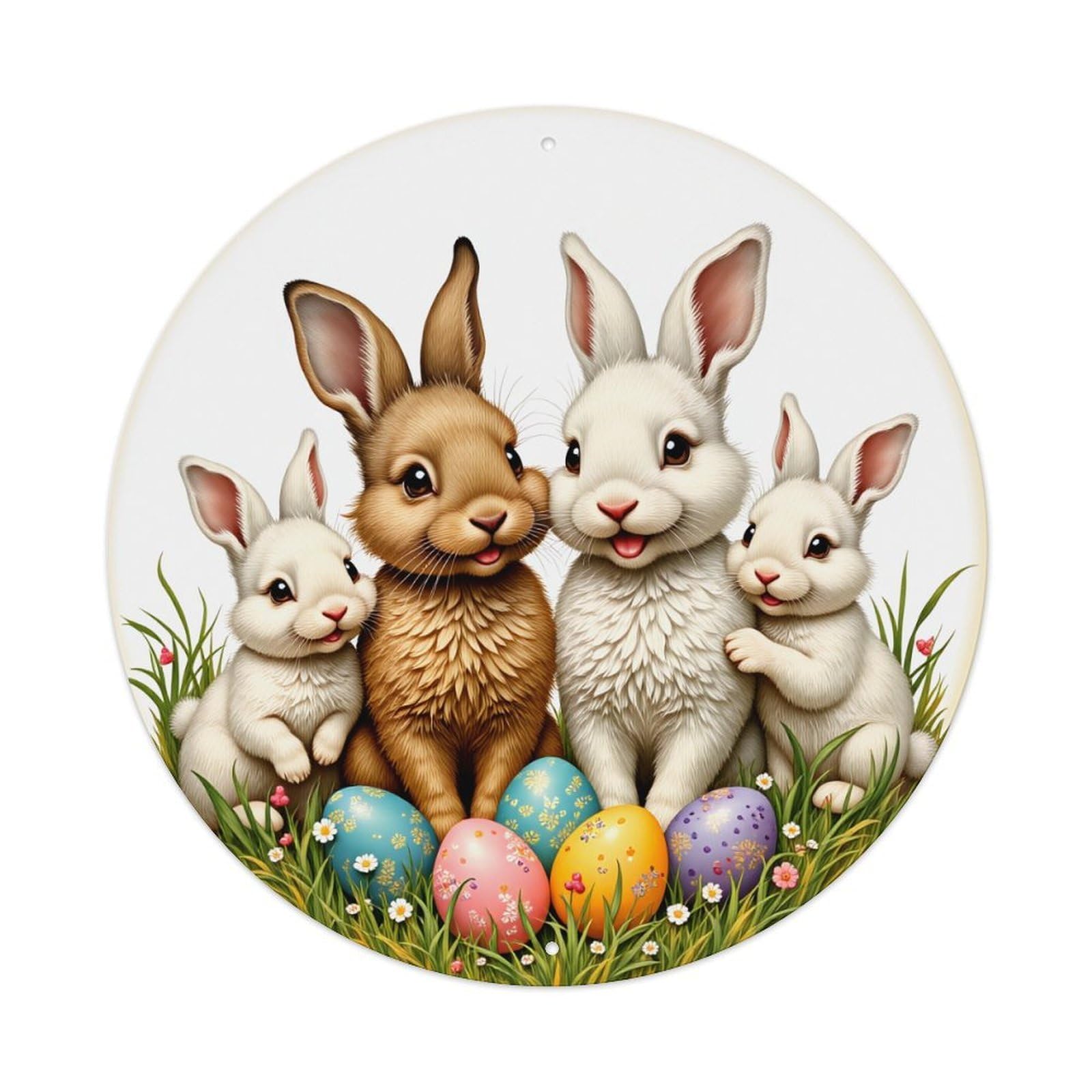 Easter Bunnies Eggs Grass Flowers Round Tin Sign Vintage Metal Poster, Home Bar Garage Man Cave Cafe Indoor & Outdoor Wall Decoration 8x8Inches