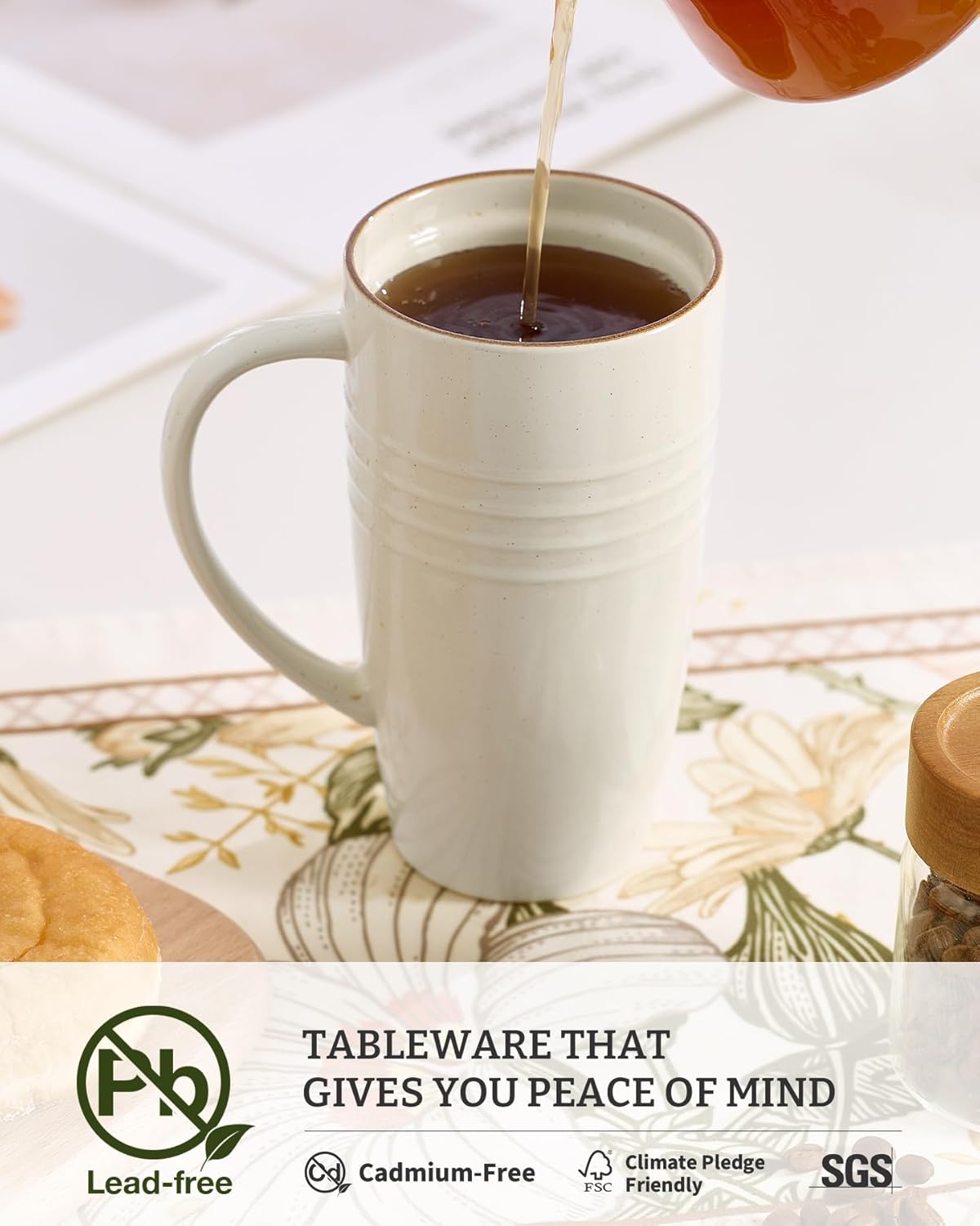 famiware Jupiter Large Coffee Mug, 20oz Coffee Mug with Lid, Ceramic Cup with Handle for Latte, Tea, Cocoa, Milk, Home & Office, Microwave and Dishwasher Safe, Vanilla White