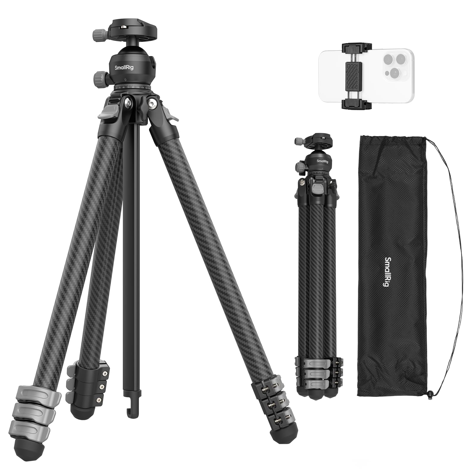 SMALLRIG Trípode portátil de Viaje para fotografía, trípode Compacto de Fibra de Carbono, soporta hasta 5 kg, rótula Suave con Disparo Vertical de 90°, Columna Central Reversible de 180° - 5876