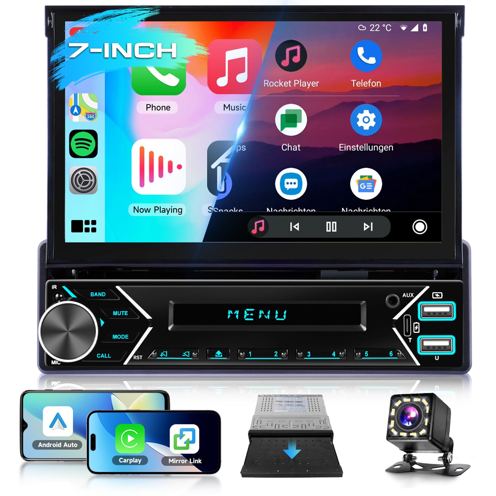 VECHTEL Autoradio 1 Din Carplay Android Auto sans Fil avec écran rétractable motorisé de 7 Pouces,Radio Bluetooth 5.1 Navi/GPS,Miroir Link FM 2 USB/AUX/Type-C avec caméra de recul,Commandes au Volant