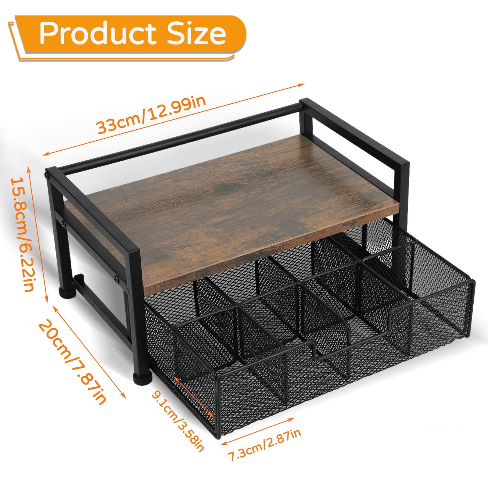 Cajón Porta Bolsitas de Té, Caja Infusiones de Madera con Cajón Metal, 33x20x15.8cm Organizador de Estación de Café y Té con 8 Compartimentos para Hogar, Oficina, Cocina