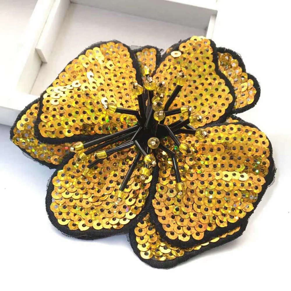 2 pcs Blue/Gold/Green Sequins Patch DIY Flower Beaded Patches for Clothes Sew On Paillette Embroidered Patch Motif Applique (Golden Color)