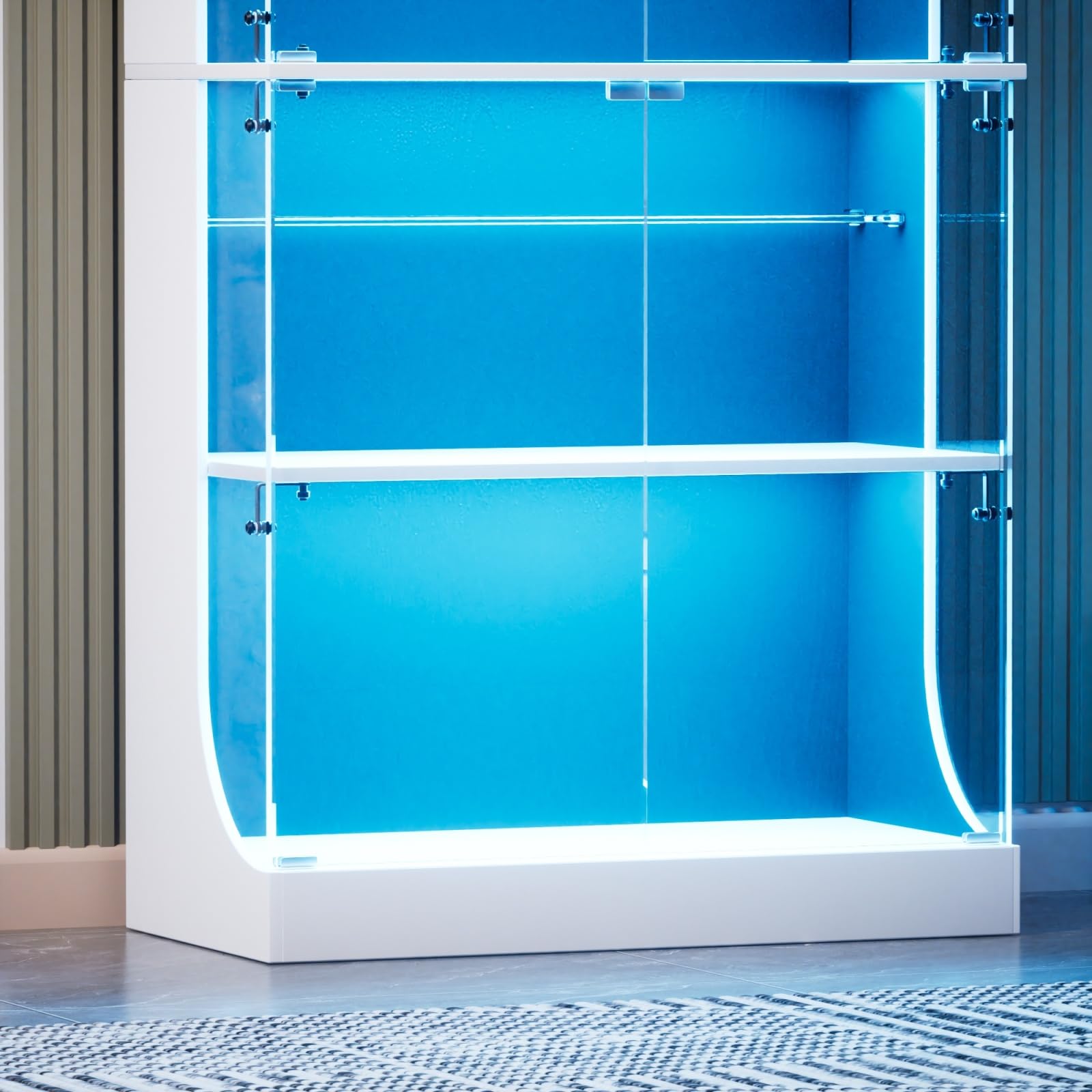 Vitrina de cristal con LED, vitrina para colección, armario de cristal moderno, 6 estantes, 4 puertas, transparente, mueble vitrinas para dormitorio, salón, comedor, 80 x 35 x 165 cm (blanco