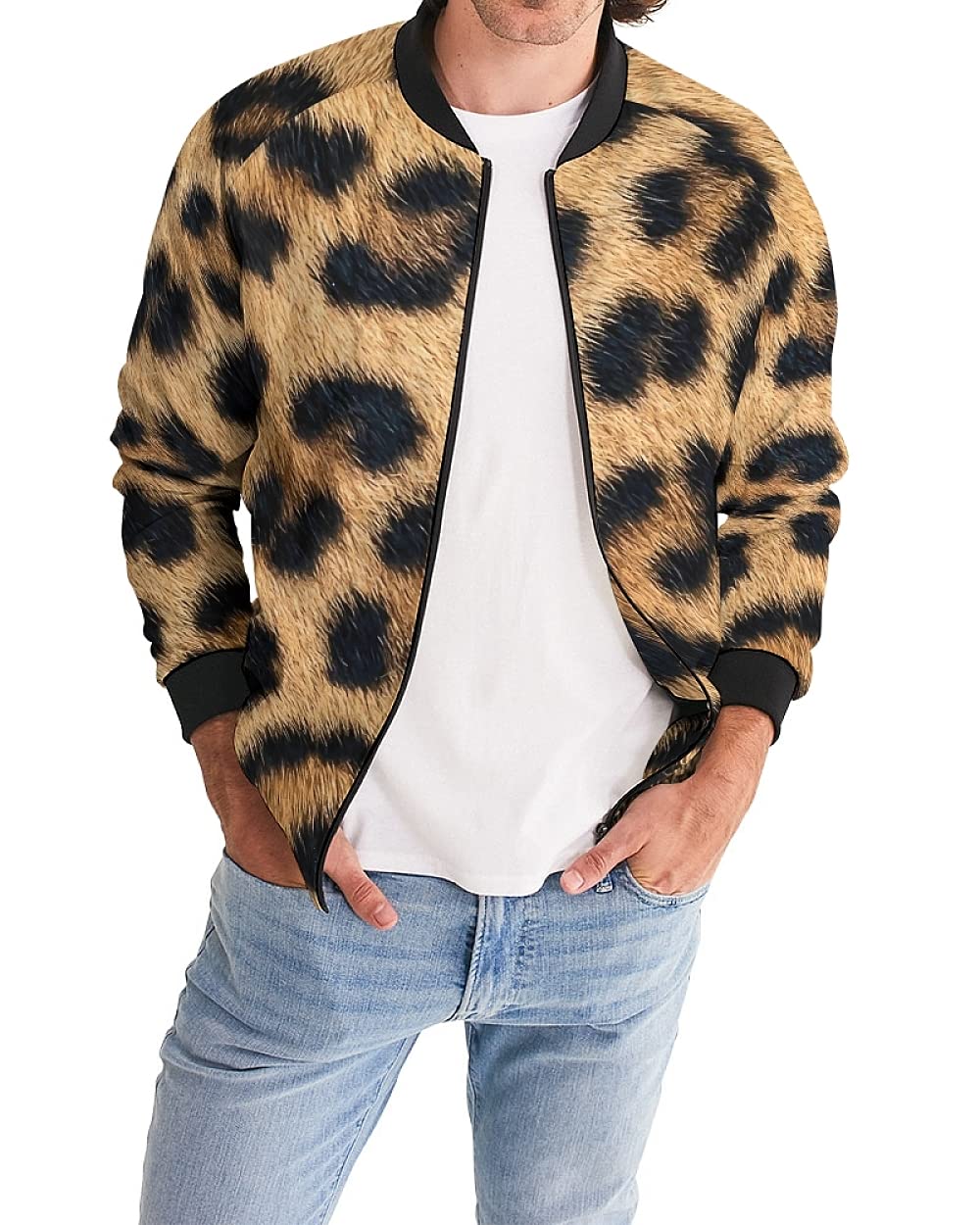 Men's Bomber Jacket Lightweight Zip Front Military Jackets Causal Flight Windbreaker Leopard Track J