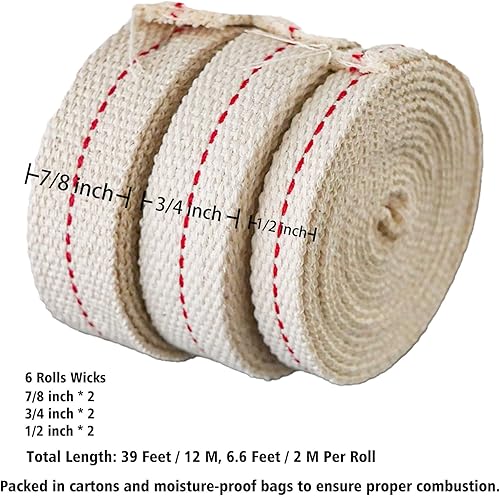 Miniatura 2 de 39 pies (6 rollos de mechas de lámpara de aceite), incluye 3 tamaños de 12 pulgadas, 34 pulgadas, 78 pulgadas, mechas de algodón plano suave para