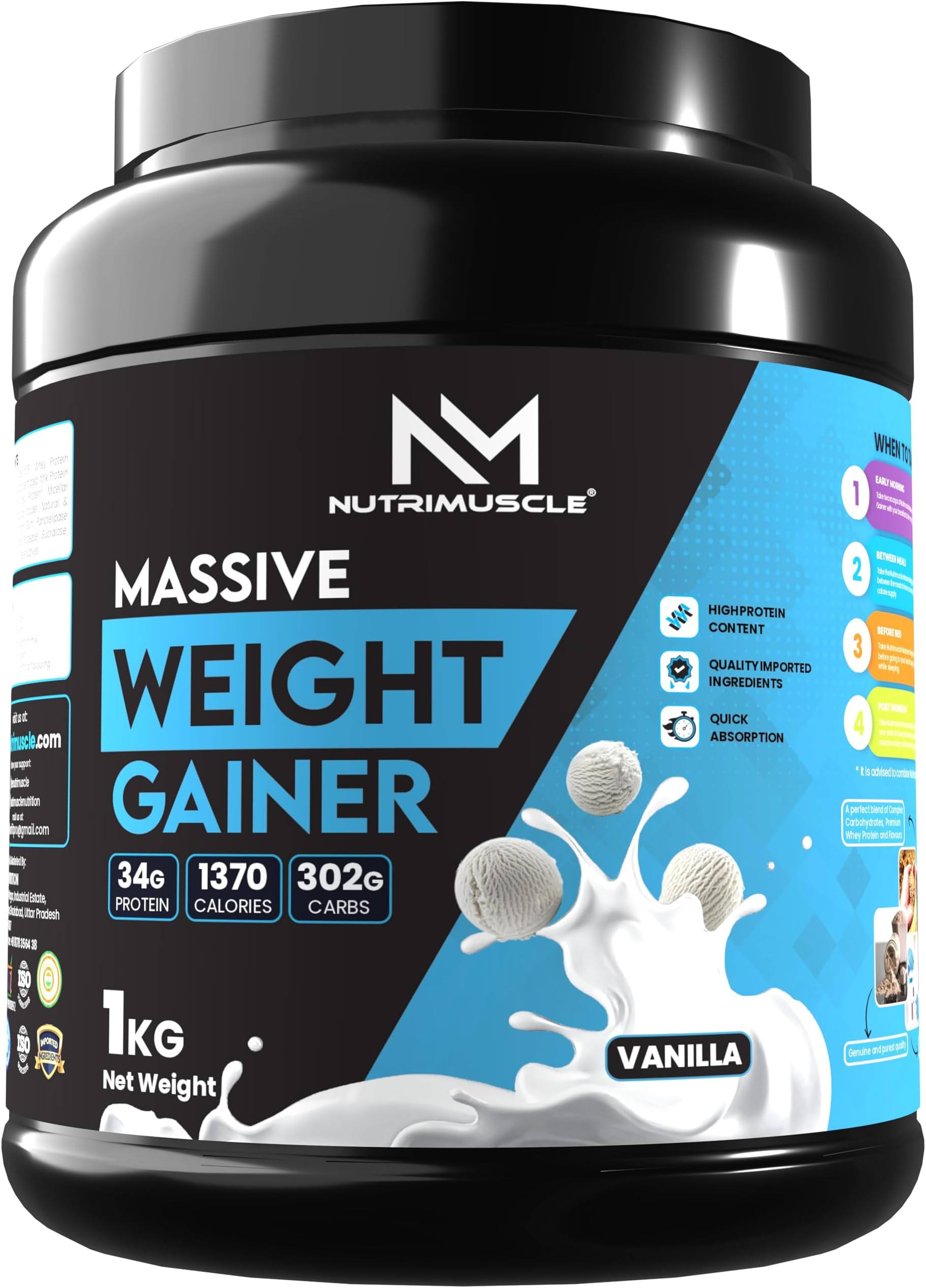Nutrimuscle ® Massive Weight Gainer - 1 Kg - Vanilla Flavour - For Weight & Mass Gain - Contains Complex Carbohydrates,Protein and Imported Ingredients