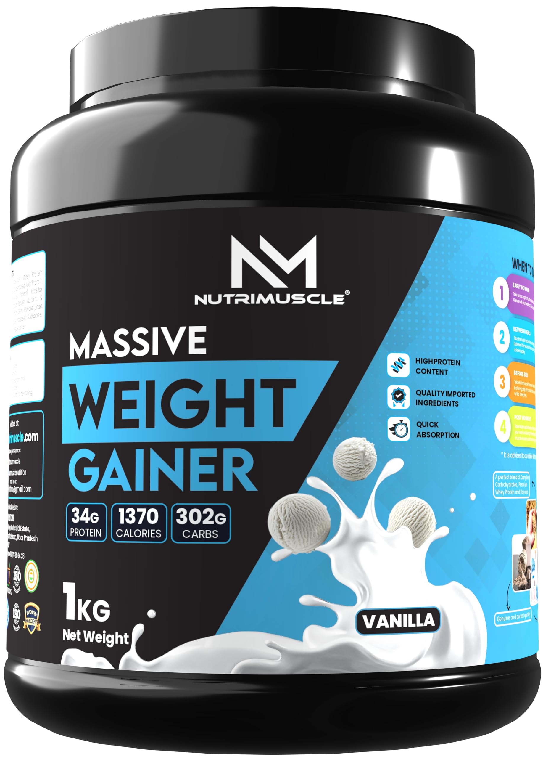 Nutrimuscle ® Massive Weight Gainer - 1 Kg - Vanilla Flavour - For Weight & Mass Gain - Contains Complex Carbohydrates,Protein and Imported Ingredients