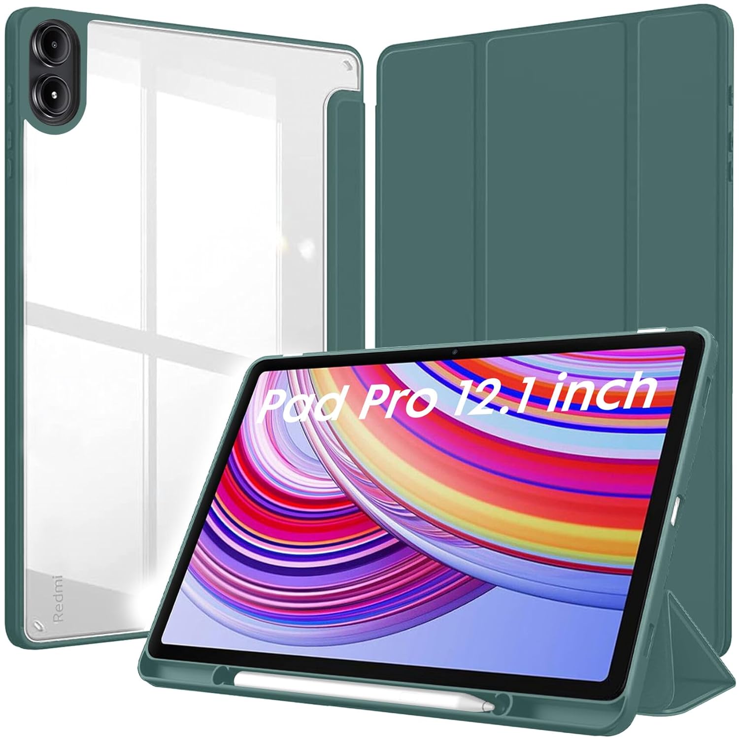 Robustrion Cover for Redmi Pad Pro 12.1 Cover Case, Hybrid Cover with Pencil Holder for Redmi Pad Pro 5G Tablet 12.1 inch [ Auto Sleep Wake Support] [Transparent Back] – Dark Green