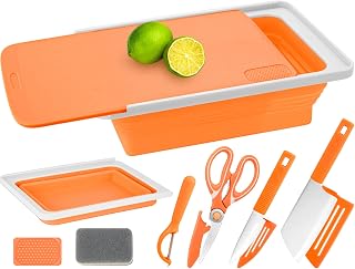 Collapsible Cutting Board,Foldable Camping Sink Set of 7,Collapsible Dish Basin for Washing and Draining Veggies Fruits,Portable Sink for Kitchen and Camping,BBQ Prep Tub with Knife