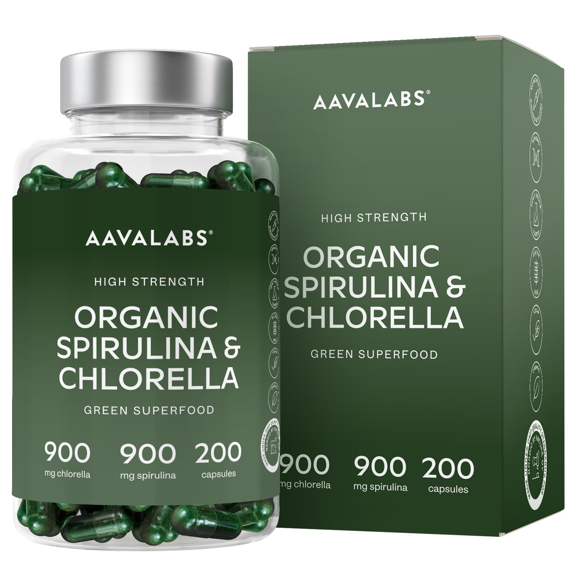 – Organic Spirulina and Chlorella Capsules - Spirulina Powder and Chlorella Powder - Broken Cell Wall - 1800mg per Serving - 200 Capsules - Vegan