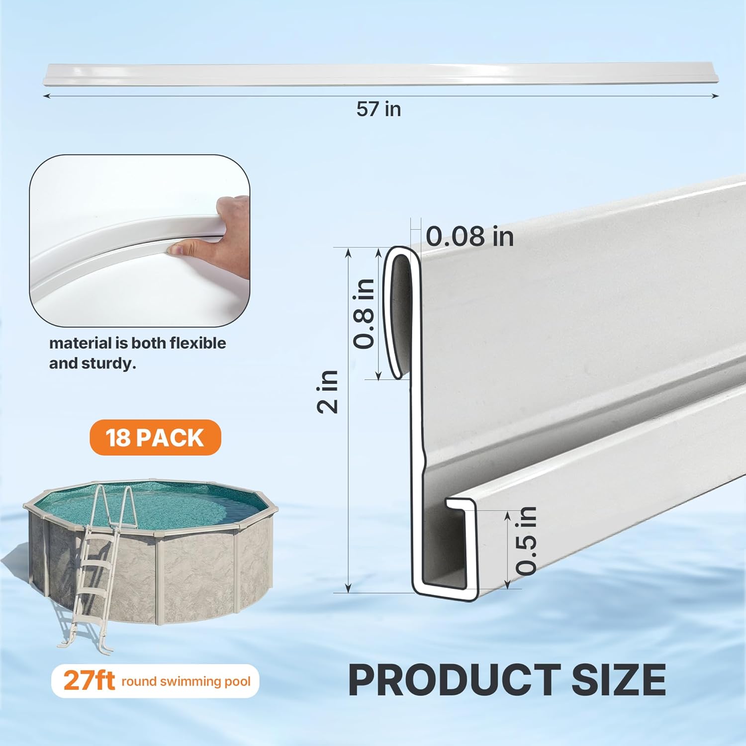 18 Pack 57" Bead Receiver for Above Ground Pool Accessories, Fit 27ft Round Swimming Pool Liner Bead Connector for Beaded Pool Liners Only