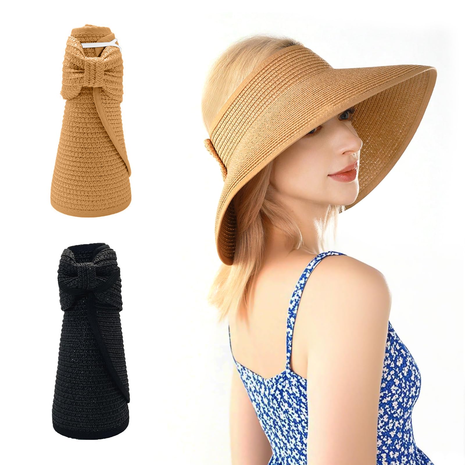 Leikedun Women's Khaki And Black 2Pcs Straw Hats Foldable Sun Visors For Sun Hats With Wide Brim Ponytail Summer Beach Hat(Black, Khak)