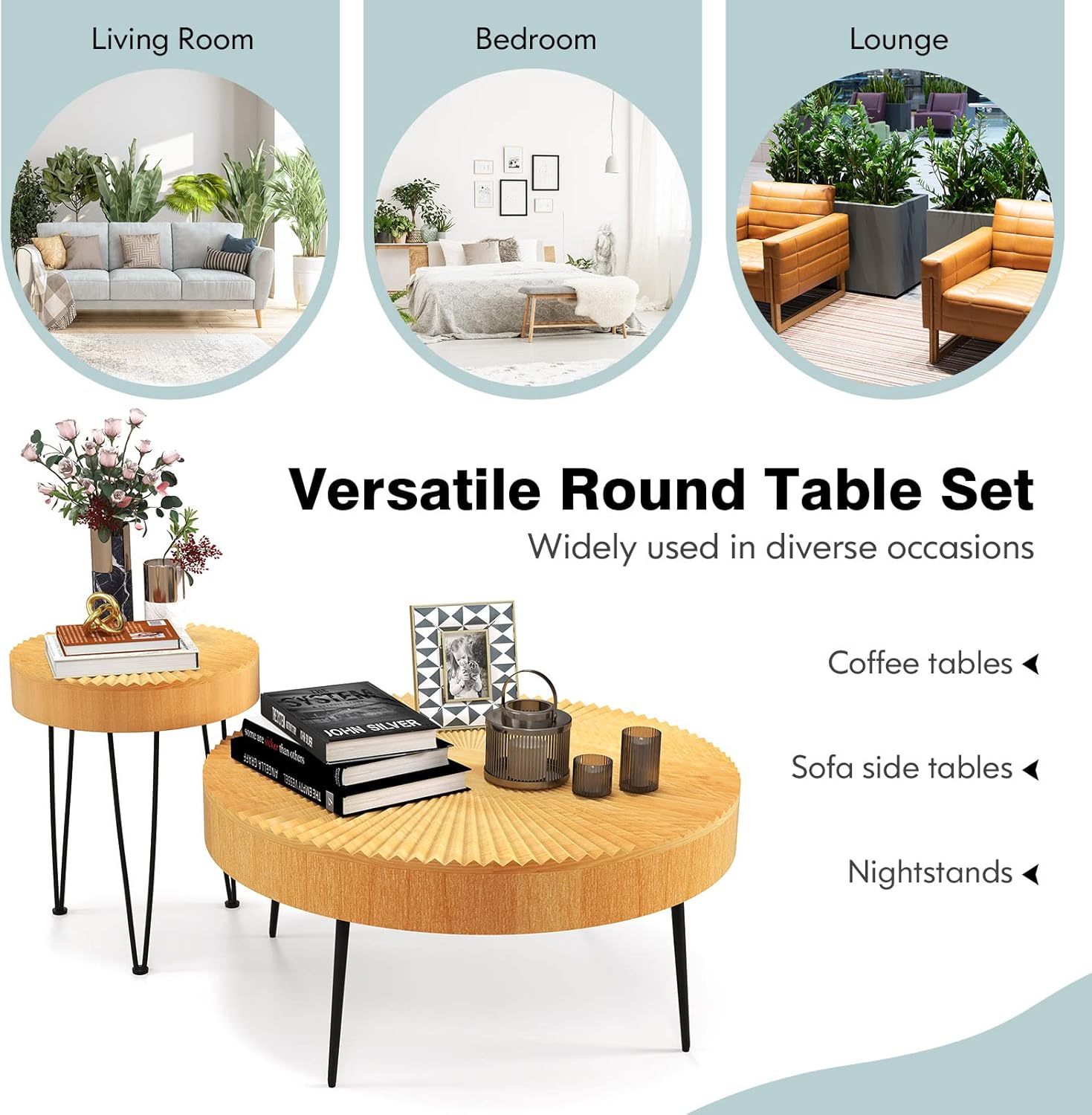 GOFLAME Round Coffee Table Set of 2, Modern Farmhouse End Tables with Natural Finish, Aesthetic Line Design, Solid Wood Nesting Side Tables for Living Room, Bedroom, Easy Assembly